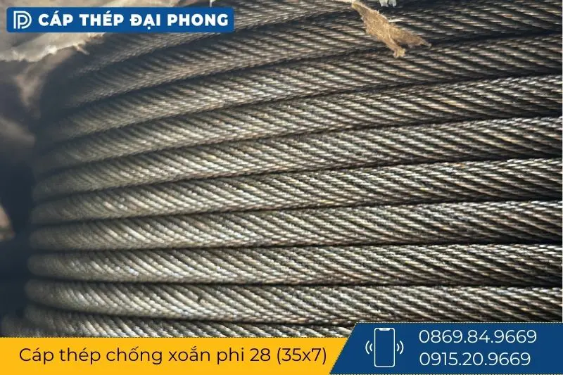 Cáp thép chống xoắn phi 28 cấu trúc 35x7