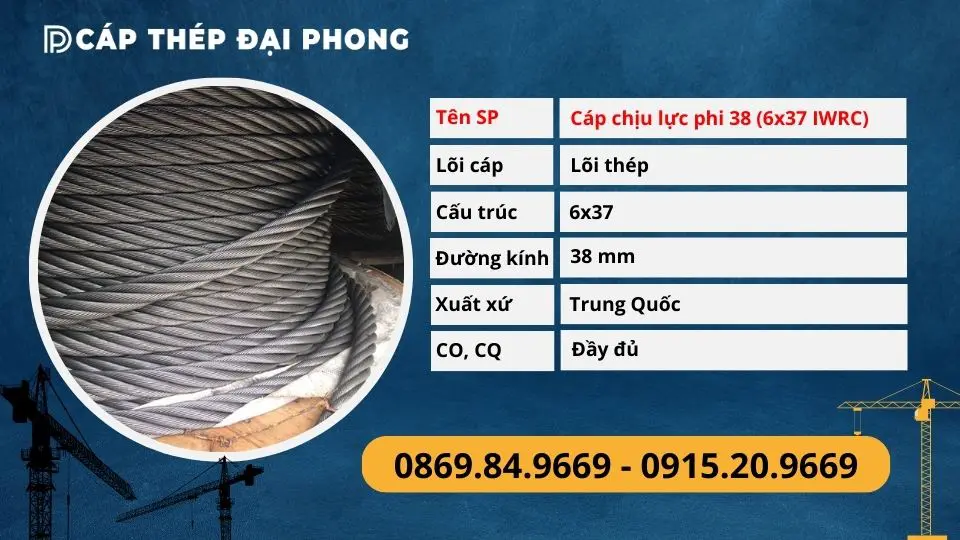 Cáp thép chịu lực phi 38 lõi thép cấu trúc 6x37