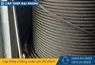 Cáp thép chống xoắn phi 28 cấu trúc 19x7